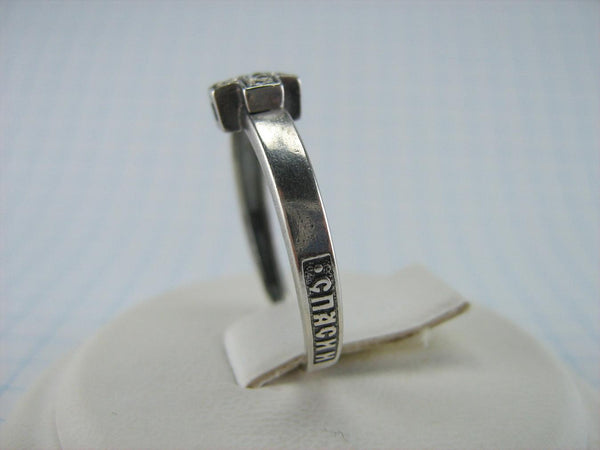 Vintage 925 Sterling Silver band with Christian prayer inscription to God on the oxidized background decorated with cross symbol and Cubic Zirconia stones.