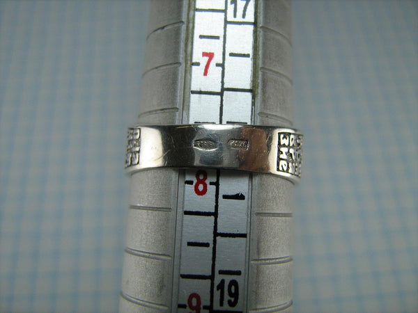 SOLID 925 Sterling Silber Ring Siegel US-Größe 7,75 Kyrillische russische Inschrift Text Gebet zu ehrwürdigen Kreuz Weinrebe klar farblose runde Steine CZ RI000961
