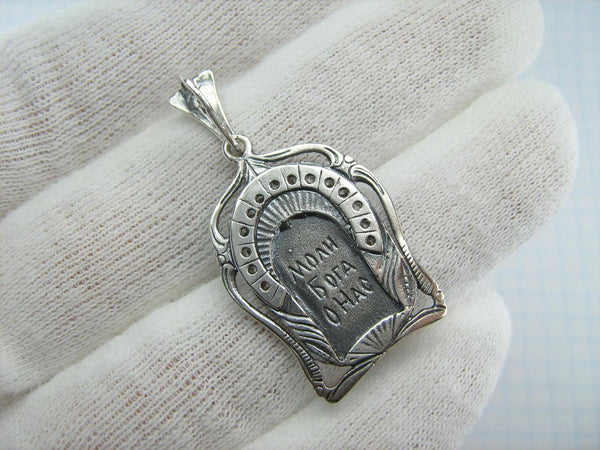 925 Sterling Silver pendant and medal of Kazan icon of Mother of God and Jesus Christ in the frame decorated with CZ stones.