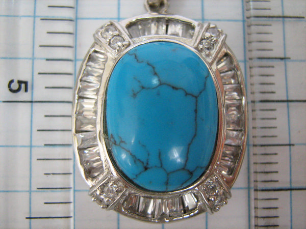 SOLID 925 Sterling Silver Pendant Bright Blue Stone with Black Veins Oval Shape Cab Cabochon Classic Design Style Fashion CZ Gemstones Cubic Zirconia Vintage Jewelry Fine Jewellery PN000045