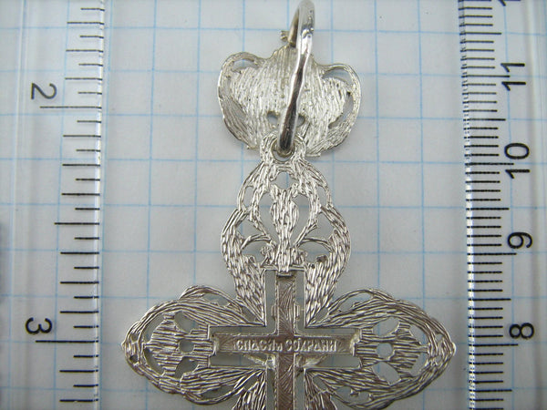 925 Sterling Silver cross pendant and Jesus Christ crucifix with Christian prayer inscription decorated with plant, floral and filigree pattern and openwork finish.