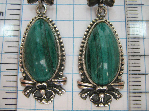 SOLID 925 Sterling Silver Earrings Drop Dangle Dangling Pending Natural Bright Green Malachite Cabochon Long Large Oxidized Fleur-de-lis Russian Fashion Style Design Latch Back Snap Closure Fastening Old Vintage Jewelry Fine Jewellery ER000033