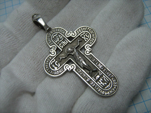 SOLID 925 Sterling Silber Kreuz Anhänger Jesus Christus Kruzifix Inschrift Gebet groß filigran durchbrochene Vintage christliche Kirche Glaube Schmuck CR000298
