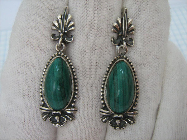 SOLID 925 Sterling Silver Earrings Drop Dangle Dangling Pending Natural Bright Green Malachite Cabochon Long Large Oxidized Fleur-de-lis Russian Fashion Style Design Latch Back Snap Closure Fastening Old Vintage Jewelry Fine Jewellery ER000033
