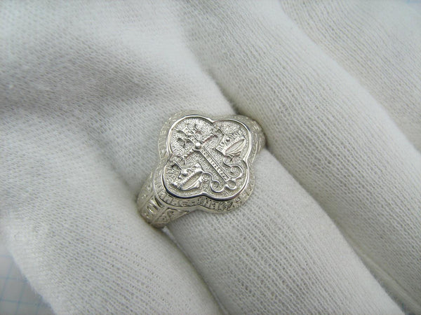 925 Sterling Silver Christian wedding ring with inscriptions in Church Slavonic and Greek decorated with a grapevine cross and crowns.
