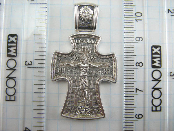 925 Sterling Silver detailed heavy cross pendant decorated with the images of Jesus Christ and Nicholas the Wonderworker.