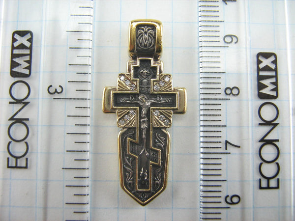 925 Sterling Silver and Gold plated oxidized cross pendant and crucifix decorated with real diamonds, filigree pattern, depicting a Holy Spirit symbol and Saint Michael the Archangel.