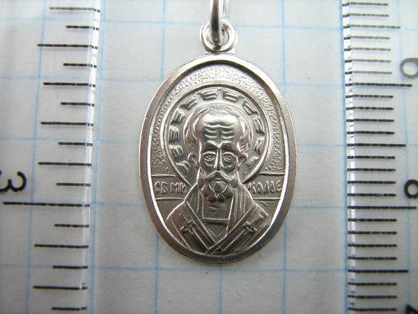 925 Sterling Silver small icon pendant and medal depicting Saint Nicholas the Wonderworker and old believers cross with prayer text.