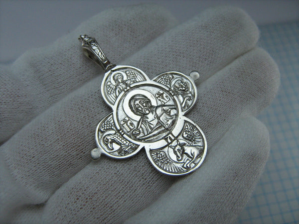 SOLID 925 Sterling Silver Cross Pendant Medal Jesus Christ God Almighty Evangelists Tetramorph Mother of God Mary Russian Text Slavonic Inscription Prayer Guardian Protector Patron Amulet Vintage Christian Church Faith Jewelry Fine Jewellery CR000435