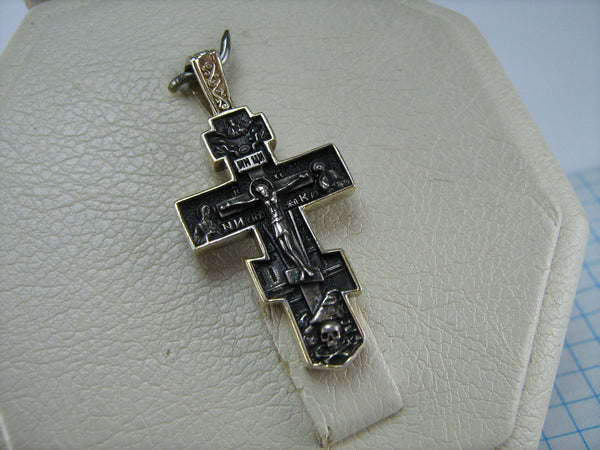 SOLID 925 Sterling Silver Gold Plated Filled Cross Pendant Jesus Christ Crucifix Russian Text Prayer Guardian Amulet Religious Old Believers Angels Deisis Filigree Pattern Oxidized Vintage Christian Church Faith Jewelry Fine Jewellery CR000431