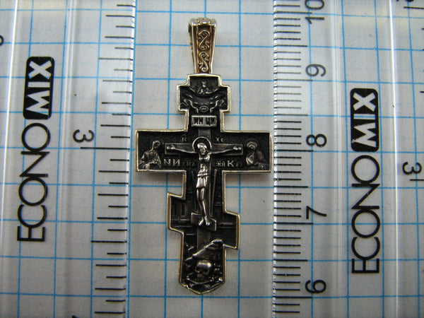 SOLID 925 Sterling Silver Gold Plated Filled Cross Pendant Jesus Christ Crucifix Russian Text Prayer Guardian Amulet Religious Old Believers Angels Deisis Filigree Pattern Oxidized Vintage Christian Church Faith Jewelry Fine Jewellery CR000431