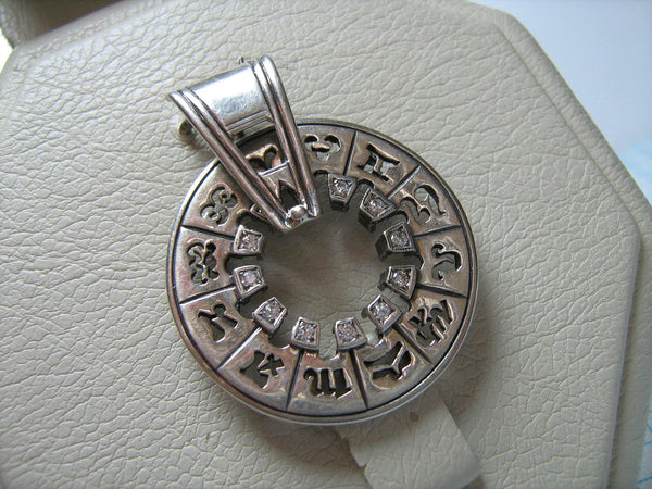 SOLID 925 Sterling Silver Pendant 12 Twelve Zodiac Signs Symbol Amulet Birthday Gift Celestial Theme Horoscope Calendar Year Good Luck Moving Spinning CZ Gemstones Cubic Zirconia Openwork Oxidized Vintage Jewelry Fine Jewellery PN000298
