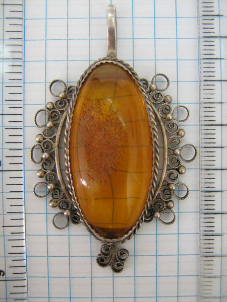 SOLID 925 Sterling Silver and 875 Pendant Natural Real Genuine Baltic Amber Gemstone from Kaliningrad Oval Cab Cabochon Yellow Golden Brown Large Filigree Granule Openwork Old Vintage USSR Soviet Union Jewelry Fine Jewellery PN000105