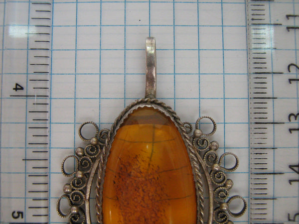SOLID 925 Sterling Silver and 875 Pendant Natural Real Genuine Baltic Amber Gemstone from Kaliningrad Oval Cab Cabochon Yellow Golden Brown Large Filigree Granule Openwork Old Vintage USSR Soviet Union Jewelry Fine Jewellery PN000105