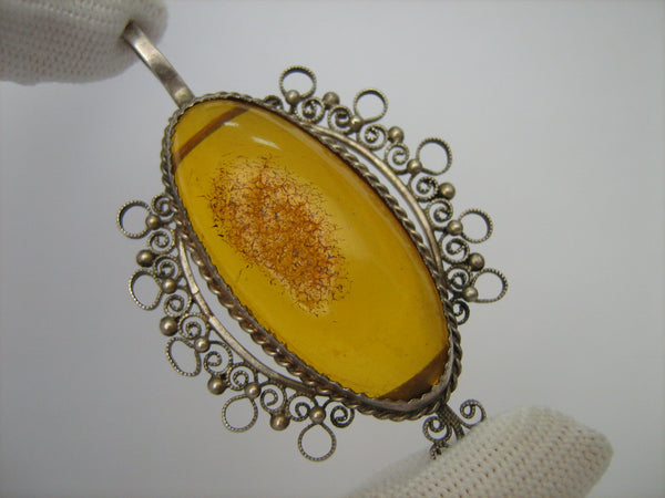 SOLID 925 Sterling Silver and 875 Pendant Natural Real Genuine Baltic Amber Gemstone from Kaliningrad Oval Cab Cabochon Yellow Golden Brown Large Filigree Granule Openwork Old Vintage Russian USSR Soviet Union Jewelry Fine Jewellery PN000105