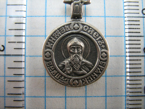 Real pure solid 925 Sterling Silver small round oxidized icon pendant and medal in frame with Christian Saint Prince Oleg and Angel the Guardian with sword and wings