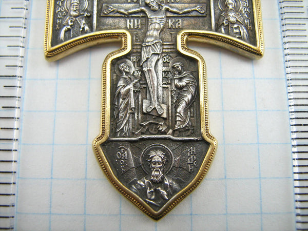 925 Sterling Silver and Yellow Gold Plated oxidized cross pendant and crucifix decorated multiple Christian images. 