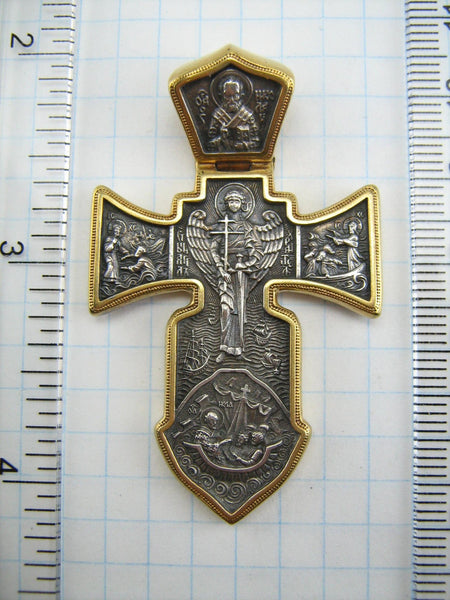 925 Sterling Silver and Yellow Gold Plated oxidized cross pendant and crucifix decorated multiple Christian images. 
