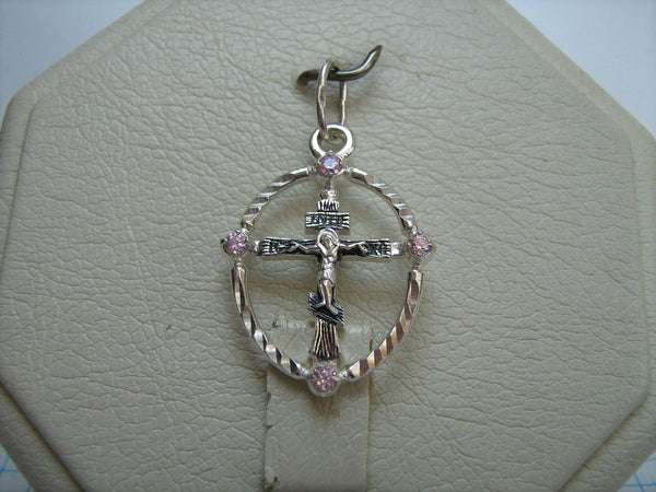 SOLID 925 Sterling Silver Cross Pendant Jesus Christ Crucifix Crucifixion Russian Text Prayer Guardian Protector Patron Pink Rose Stones CZ Cubic Zirconia Openwork Wood Pattern Oxidized New Never Worn Christian Church Faith Jewelry Fine Jewellery CR000307