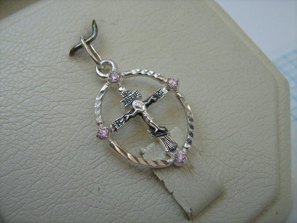 SOLID 925 Sterling Silver Cross Pendant Jesus Christ Crucifix Crucifixion Russian Text Prayer Guardian Protector Patron Pink Rose Stones CZ Cubic Zirconia Openwork Wood Pattern Oxidized New Never Worn Christian Church Faith Jewelry Fine Jewellery CR000307