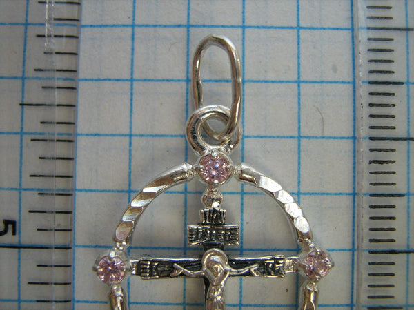 SOLID 925 Sterling Silver Cross Pendant Jesus Christ Crucifix Text Prayer Guardian Protector Patron Pink Rose Stones CZ Cubic Zirconia Openwork Wood Pattern Oxidized New Never Worn Christian Church Faith Jewelry Fine Jewellery CR000307
