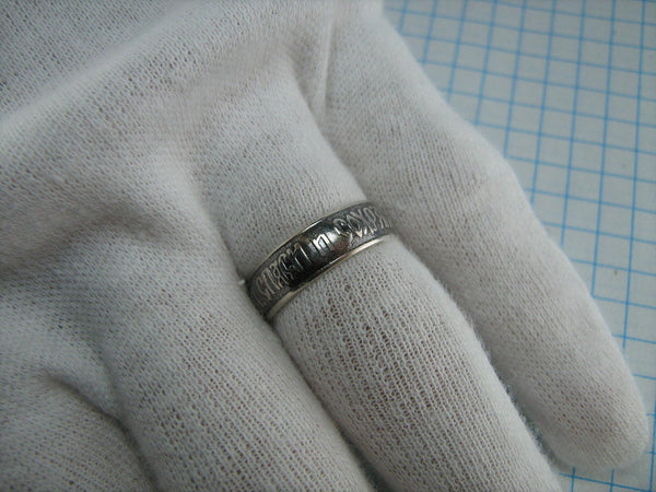 Real pure solid 925 Sterling Silver band with Christian prayer inscription to God on the black oxidized background with old believers cross