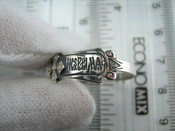 SOLID 925 Sterling Silver Ring Band formato USA 10.5 Testo russo Preghiera Amuleto Religioso Croce Nuova Chiesa Cristiana Ossidata Fede Gioielli RI001033