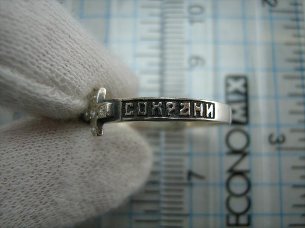 Real pure solid 925 Sterling Silver band with Christian prayer inscription to God on the black background of enamel inlay with cross and heart symbolizing faith and charity