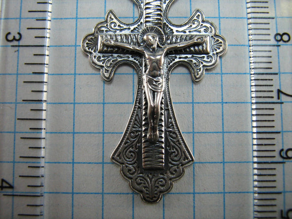 SOLID 925 Sterling Silver Cross Pendant Jesus Christ Crucifix Crucifixion Russian Text Inscription Prayer Guardian Amulet Religious Candle Large Filigree Pattern Manual Work Engraved Oxidized Vintage Christian Church Faith Jewelry Fine Jewellery CR000456