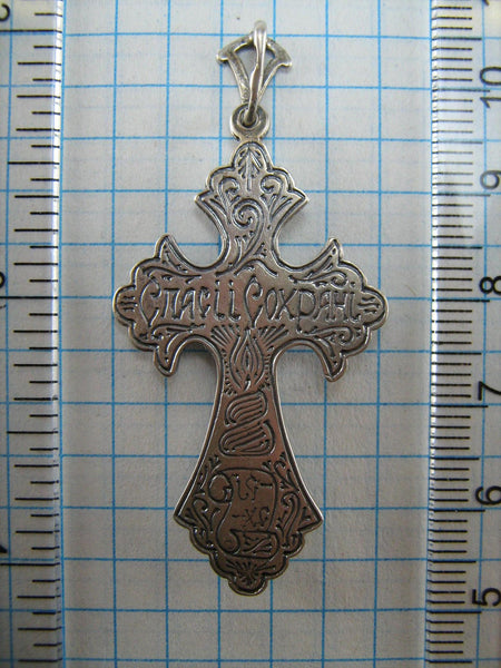 SOLID 925 Sterling Silver Cross Pendant Jesus Christ Crucifix Crucifixion Russian Text Inscription Prayer Guardian Amulet Religious Candle Large Filigree Pattern Manual Work Engraved Oxidized Vintage Christian Church Faith Jewelry Fine Jewellery CR000456