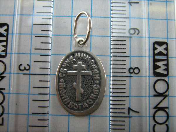 SOLID 925 Sterling Silver Icon Pendant Medal Saint Nicholas Wonderworker Patron of Doctors Sailors Travellers Sellers Russian Text Prayer Guardian Amulet Old Believers Cross Small Oval Vintage Christian Church Faith Jewelry Fine Jewellery MD000720