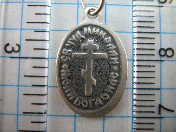 SOLID 925 Sterling Silver Icon Pendant Medal Saint Nicholas Wonderworker Patron of Doctors Sailors Travellers Sellers Text Prayer Guardian Amulet Old Believers Cross Small Oval Vintage Christian Church Faith Jewelry Fine Jewellery MD000720