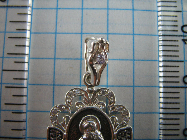 SOLID 925 Sterling Silver Icon Pendant Medal Saint Seraphim of Sarov Wonderworker Russian Text Prayer Guardian Cross CZ Gemstones Cubic Zirconia Filigree Openwork Oxidized New Never Worn Christian Church Faith Jewelry Fine Jewellery MD000688
