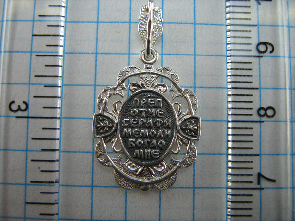 SOLID 925 Sterling Silver Icon Pendant Medal Saint Seraphim of Sarov Wonderworker Russian Text Prayer Guardian Cross CZ Gemstones Cubic Zirconia Filigree Openwork Oxidized New Never Worn Christian Church Faith Jewelry Fine Jewellery MD000688