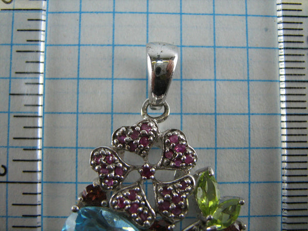 925 Sterling Silver pendant with blue topaz, purple amethyst, red ruby, green peridot, yellow citrine, red garnet genuine stones shaped bouquet.