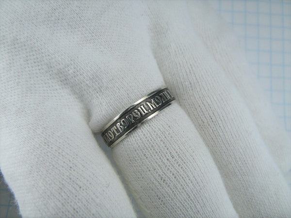 Real pure solid 925 Sterling Silver band with Christian prayer inscription to Saint Nicholas the Wonderworker on the oxidized background with old believers cross.