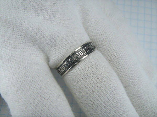 Real pure solid 925 Sterling Silver band with Christian prayer inscription to Saint Nicholas the Wonderworker on the oxidized background with old believers cross.