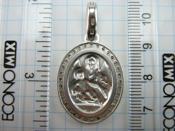 Vintage solid 925 Sterling Silver pendant and medal in oval frame depicting Kozelshchanskaya icon of Mother of God and Jesus Christ child.