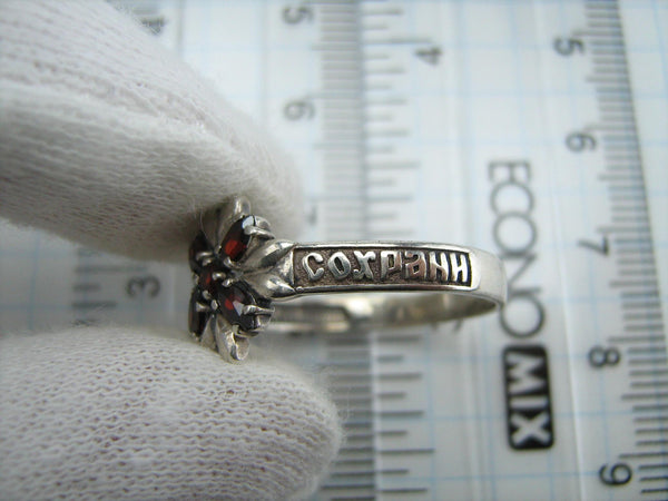 925 Sterling Silver band with Christian prayer inscription to God on the oxidized background decorated with dark red Cubic Zirconia stones.
