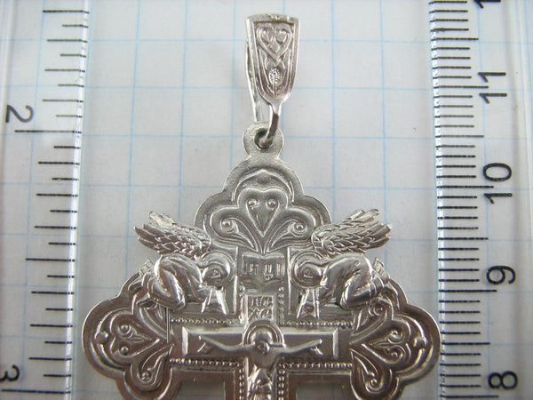 925 Sterling Silver cross pendant with crucifix and Christian prayer text decorated with angels.