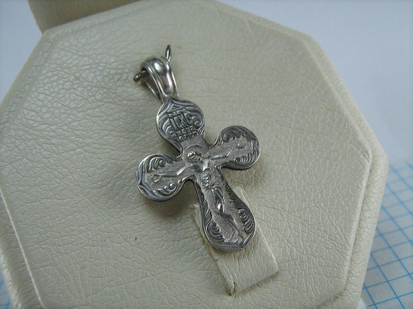 SOLID 925 Sterling Silver Pendant Jesus Christ Crucifix Crucifixion Russian Text Cyrillic Inscription Prayer to Venerable Cross Guardian Amulet Religious Filigree Pattern Oxidized Vintage Christian Church Faith Jewelry Fine Jewellery CR000458A
