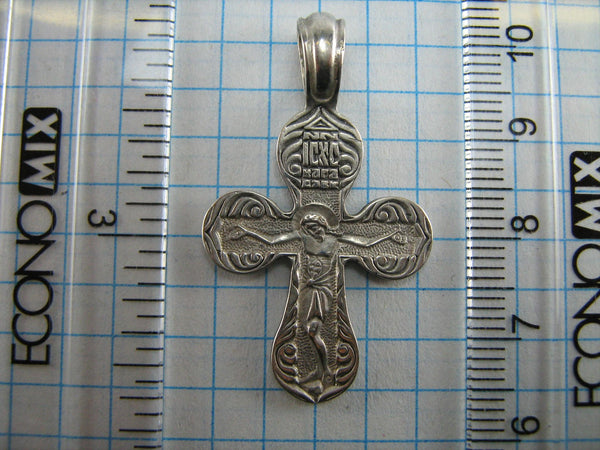 SOLID 925 Sterling Silver Pendant Jesus Christ Crucifix Crucifixion Russian Text Cyrillic Inscription Prayer to Venerable Cross Guardian Amulet Religious Filigree Pattern Oxidized Vintage Christian Church Faith Jewelry Fine Jewellery CR000458A