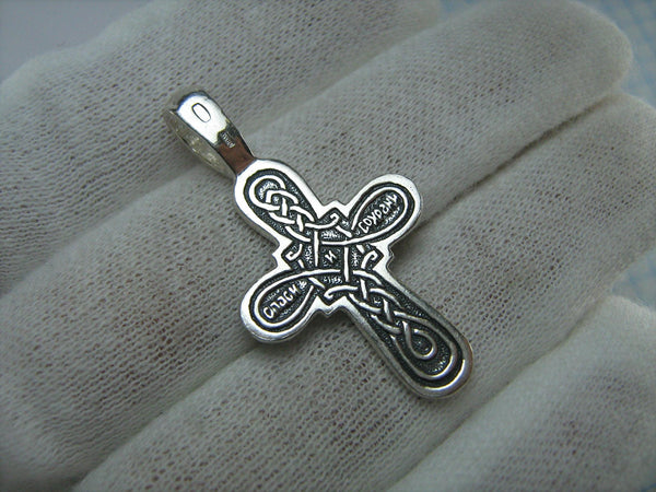 SOLID 925 Sterling Silver Cross Pendant Jesus Christ Crucifix Crucifixion Russian Text Cyrillic Inscription Protect Guardian Patron Amulet Religious INRI Ribbon Celtic Knot Oxidized New Never Worn Christian Church Faith Jewelry Fine Jewellery CR000474A