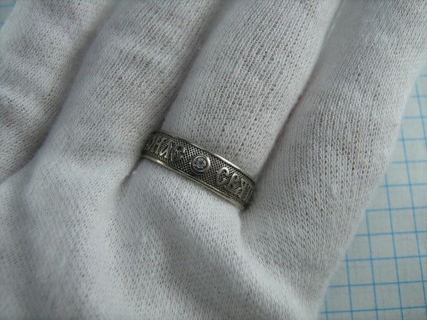 Real solid 925 Sterling Silver eternity band with Christian prayer inscription to Saint Barbara decorated with cubic zirconia stone  