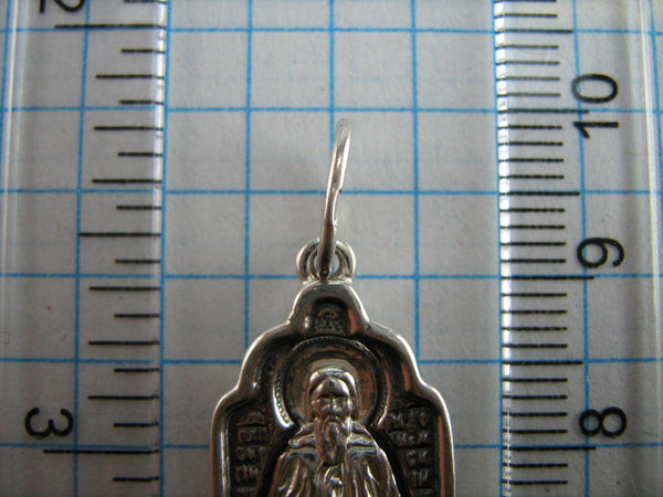 SOLID 925 Sterling Silver Icon Pendant Medal Saint Reverend Sergius Sergey Sergei Serge Sergi Sergio Sergiu Serj Sarkis of Radonezh Radonezhsky Russian Text Inscription Prayer Old Believers Cross New Never Worn Christian Church Faith Jewelry Fine MD000805