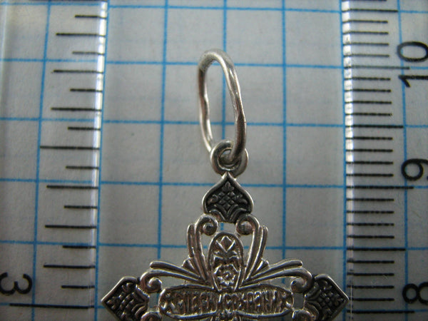 SOLID 925 Sterling Silver Cross Pendant Jesus Christ Crucifix Crucifixion Russian Text Cyrillic Inscription Prayer Guardian Protector Patron Amulet INRI Openwork Pattern Oxidized New Never Worn Christian Church Faith Jewelry Fine Jewellery CR000478