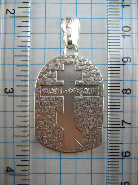 SOLID 925 Sterling Silver Icon Pendant Medal Jesus Christ God Blessing Teacher Crown Nimbus Halo Text Inscription Prayer Guardian Protector Patron Old Believers Cross Large Oxidized Vintage Christian Church Faith Jewelry Fine Jewellery MD000792