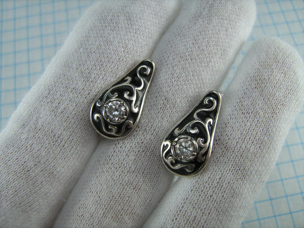 SOLID 925 Sterling Silver Earrings Black Niello Enamel Inlay Filigree Pattern Fashion Style Design Ornament Latch Back Snap Closure Fastening CZ Gemstones Cubic Zirconia Vintage Handcrafted Manual Work Custom Made Jewelry Fine Jewellery ER000088