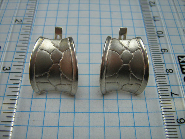 SOLID 925 Sterling Silver Earrings Patchwork Leather Brushed Mat Frosted Pattern Saddle Shape Cowboy Cowgirl Fashion Style Design Latch Back Snap Closure Fastening Large Big Heavy Vintage Handcrafted Manual Work Custom Made Jewelry Fine Jewellery ER000096
