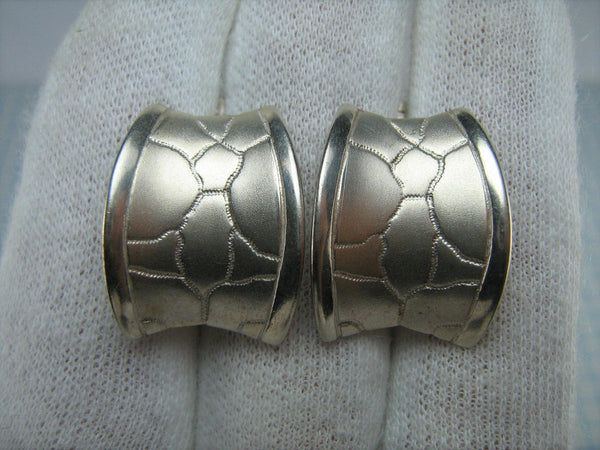 SOLID 925 Sterling Silver Earrings Patchwork Leather Brushed Mat Frosted Pattern Saddle Shape Cowboy Cowgirl Fashion Style Design Latch Back Snap Closure Fastening Large Big Heavy Vintage Handcrafted Manual Work Custom Made Jewelry Fine Jewellery ER000096